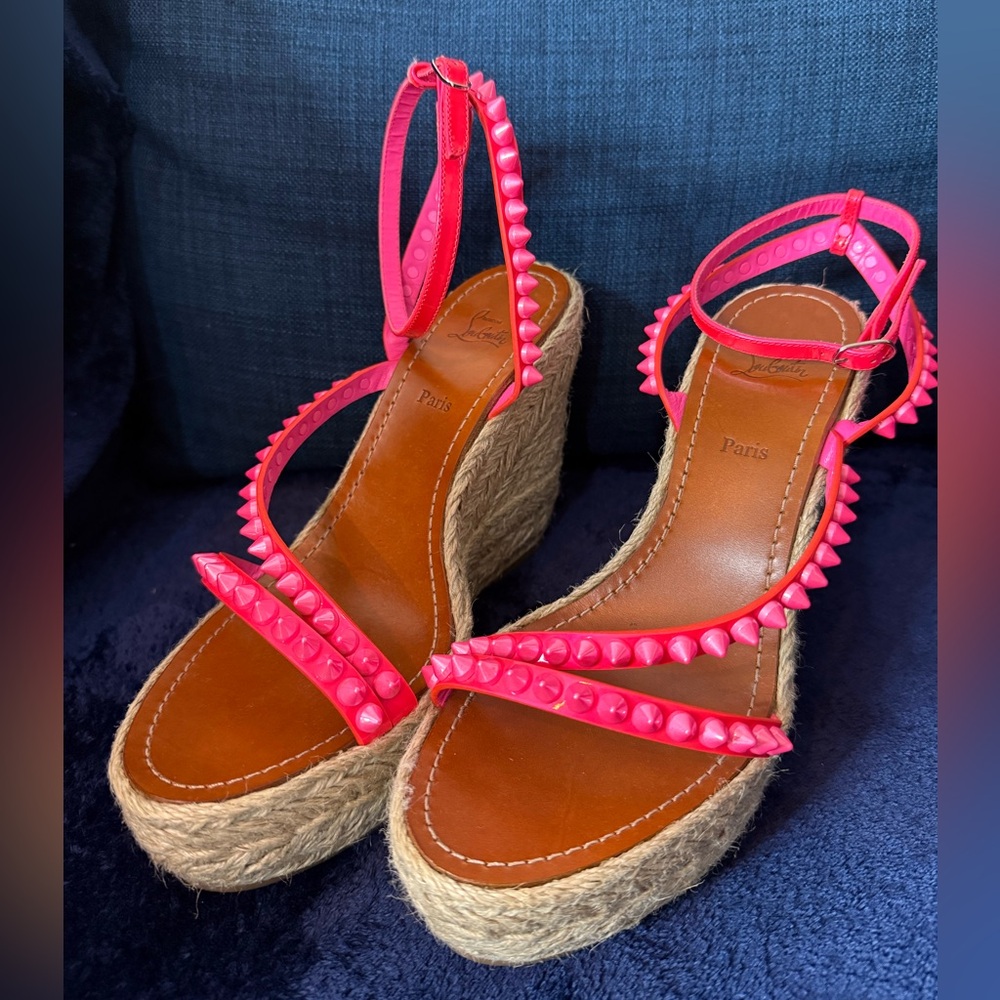 Christian Louboutin Pink Spiked Espadrille Wedge Sandals - Size 40 - New